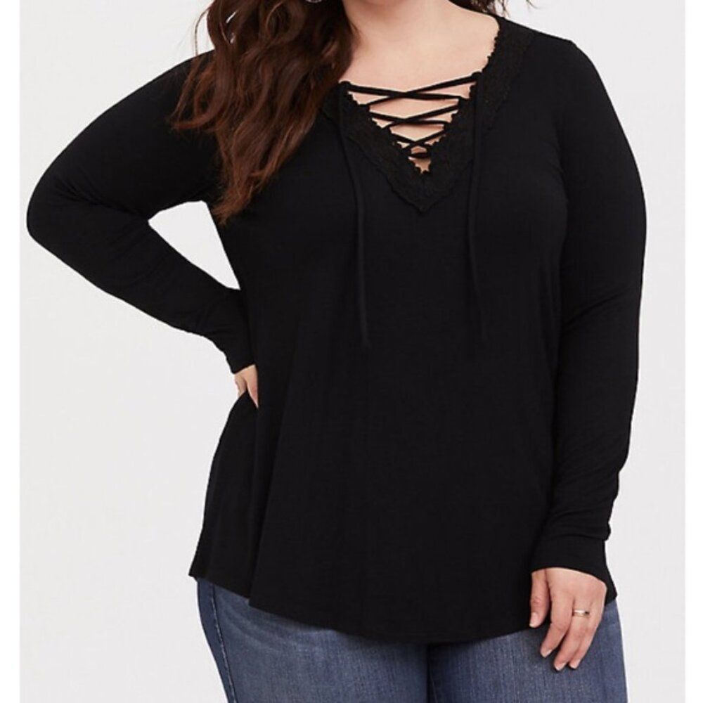 Torrid Super Soft Black Lace Trim Tye Tee Long Sleeve Stretch Top Black Size 0X